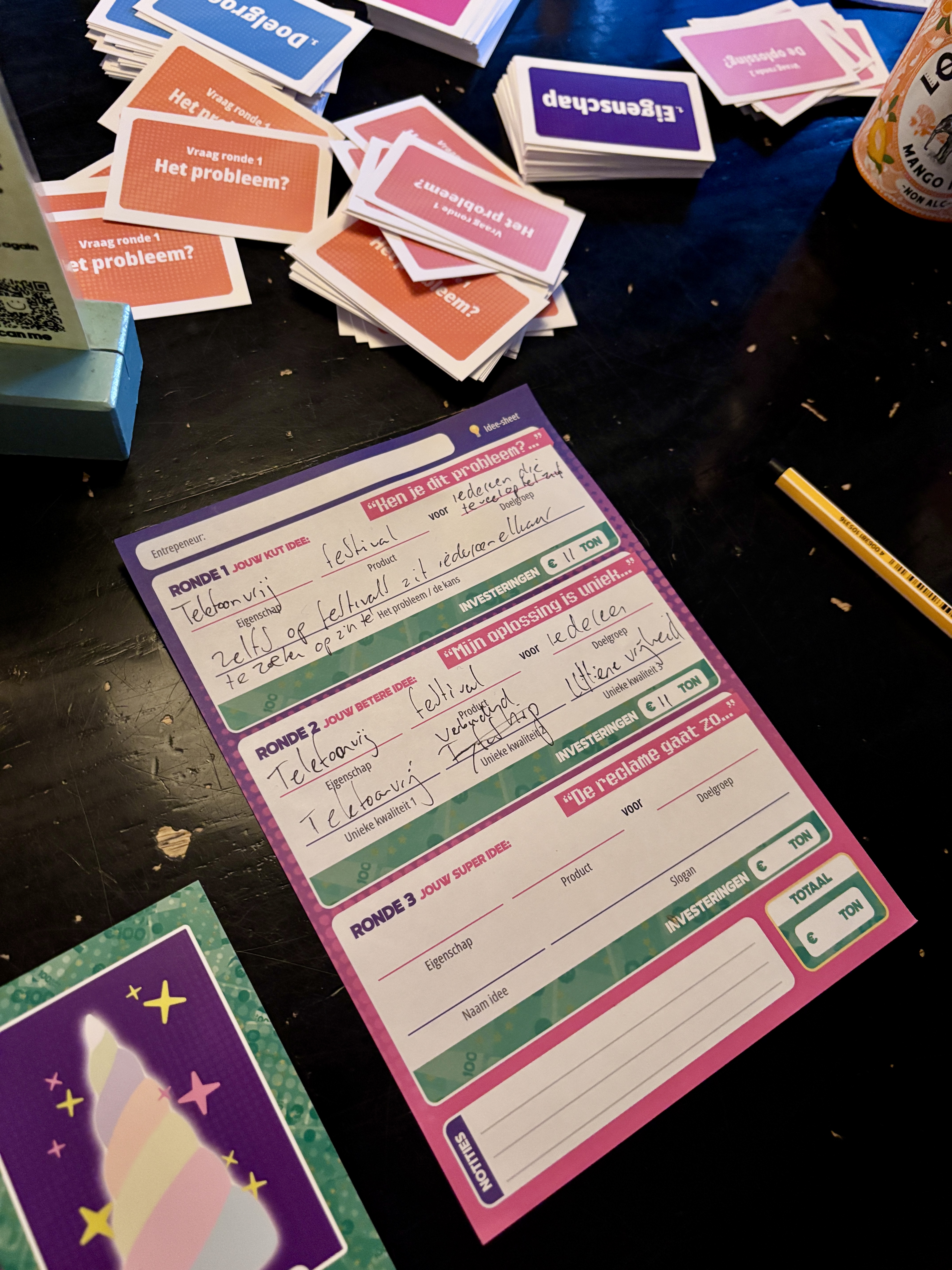 Ideeënsheet ingevuld tijdens het spel
